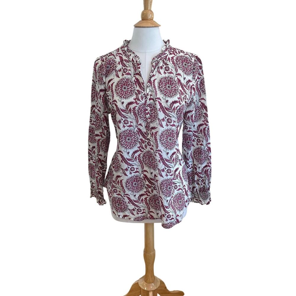 Talbots Purple Floral Popover Blouse, Ruffle Trim, Casual, Cottage, Size L